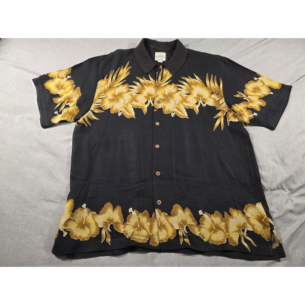 Vtg‎ Tommy Bahama Relax Men Large Silk Black Floral Button Up Hawaiian Shirt